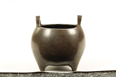 Lot 73 - AN 18TH/19TH CENTURY CHINESE BRONZE CENSER WITH SILVER WIRE INLAY