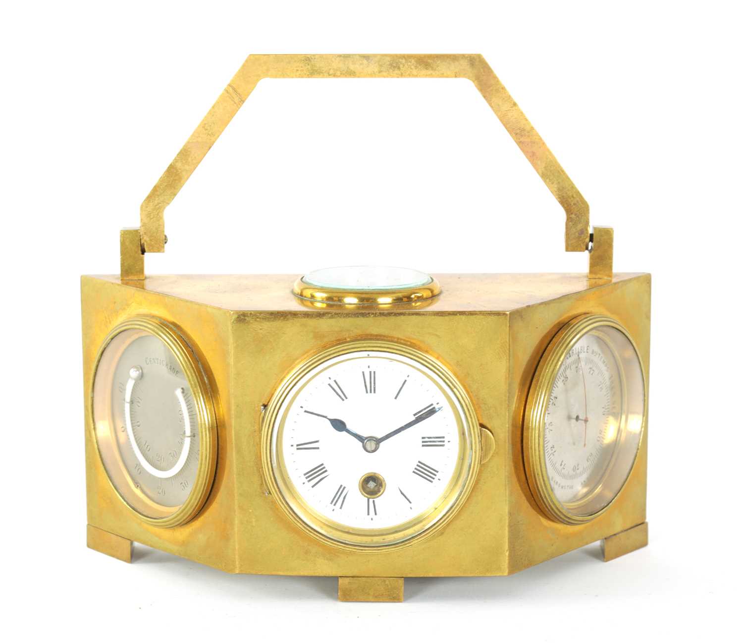 Lot 949 - A LATE 19TH CENTURY BRASS CASED DESK CLOCK COMPENDIUM