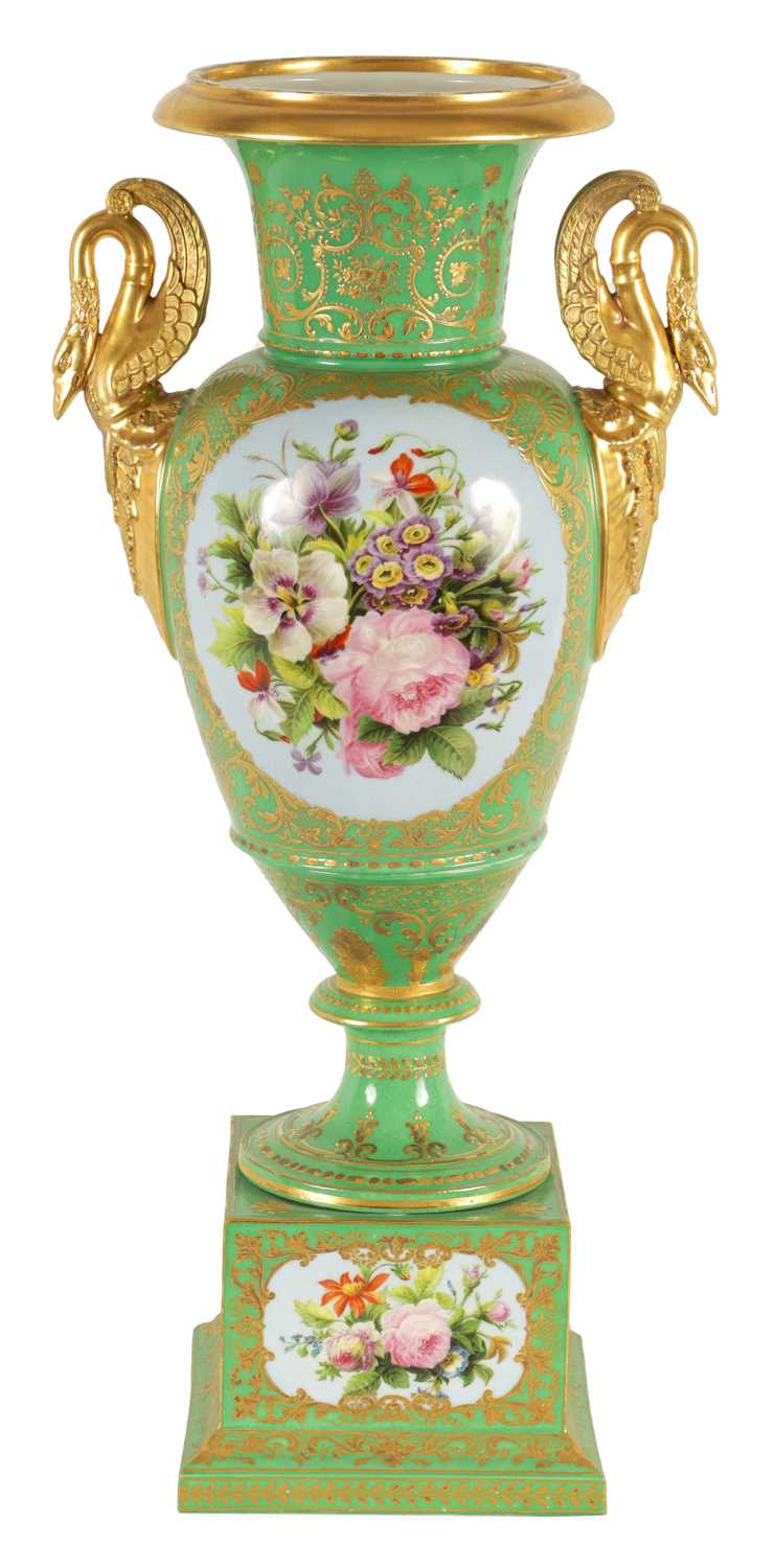 Lot 85 - A FINE 19TH CENTURY PARIS PORCELAIN GREEN AND GILT PEDESTAL VASE OF LARGE SIZE