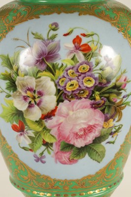 Lot 85 - A FINE 19TH CENTURY PARIS PORCELAIN GREEN AND GILT PEDESTAL VASE OF LARGE SIZE