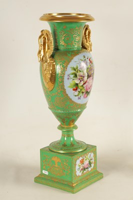 Lot 85 - A FINE 19TH CENTURY PARIS PORCELAIN GREEN AND GILT PEDESTAL VASE OF LARGE SIZE