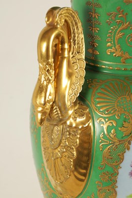 Lot 85 - A FINE 19TH CENTURY PARIS PORCELAIN GREEN AND GILT PEDESTAL VASE OF LARGE SIZE