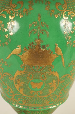 Lot 85 - A FINE 19TH CENTURY PARIS PORCELAIN GREEN AND GILT PEDESTAL VASE OF LARGE SIZE