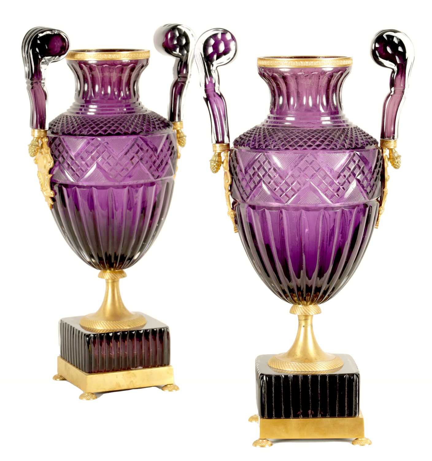 Lot 17 - A LARGE PAIR OF LATE 19TH/EARLY 20TH CENTURY RUSSIAN ORMOLU MOUNTED AMETHYST CUT-GLASS