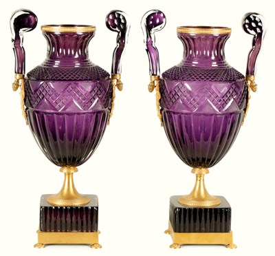 Lot 17 - A LARGE PAIR OF LATE 19TH/EARLY 20TH CENTURY RUSSIAN ORMOLU MOUNTED AMETHYST CUT-GLASS