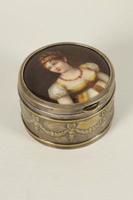 Lot 53 - A 19TH CENTURY CONTINENTAL WMF SILVERED DRESSING TABLE BOX WITH PORCELAIN PANELLED LID