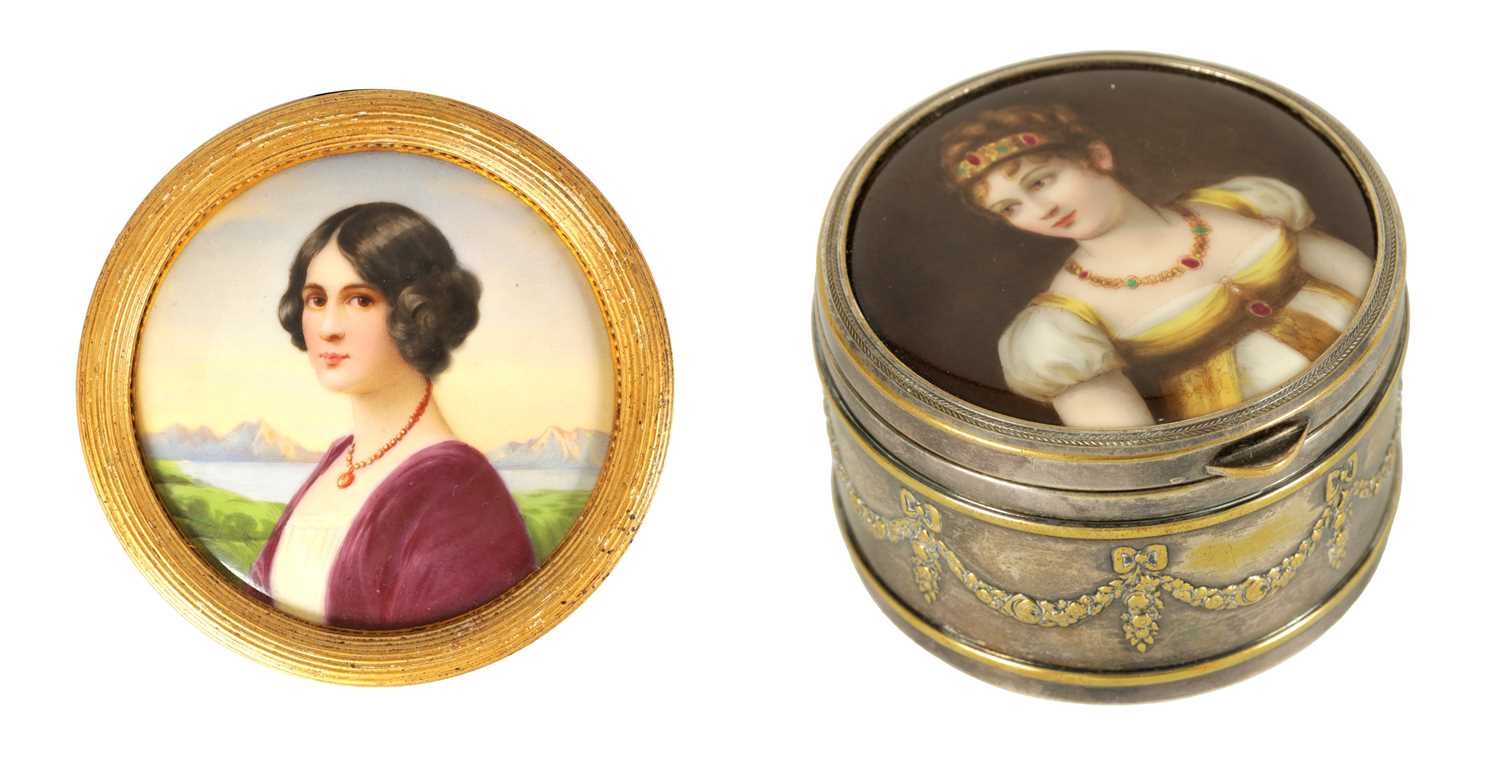 Lot 53 - A 19TH CENTURY CONTINENTAL WMF SILVERED DRESSING TABLE BOX WITH PORCELAIN PANELLED LID