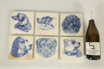 Lot 89 - A RARE SET OF SIX 19TH CENTURY WEDGWOOD BLUE AND WHITE TILES DEPICTING DOG PORTRAITS
