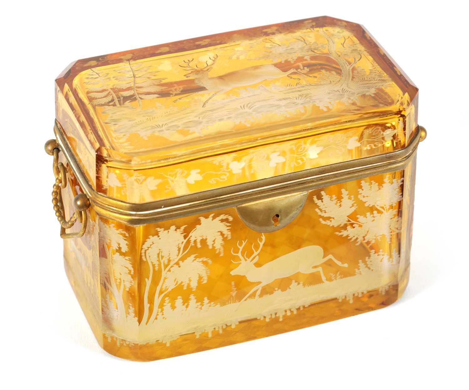 Lot 14 - A 19TH CENTURY BOHEMIAN AMBER GLASS OVERLAY CASKET