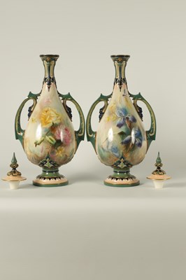 Lot 96 - A FINE PAIR OF HADLEYS’ WORCESTER LARGE CABINET VASES AND COVERS