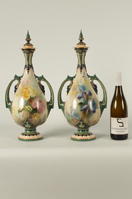 Lot 96 - A FINE PAIR OF HADLEYS’ WORCESTER LARGE CABINET VASES AND COVERS