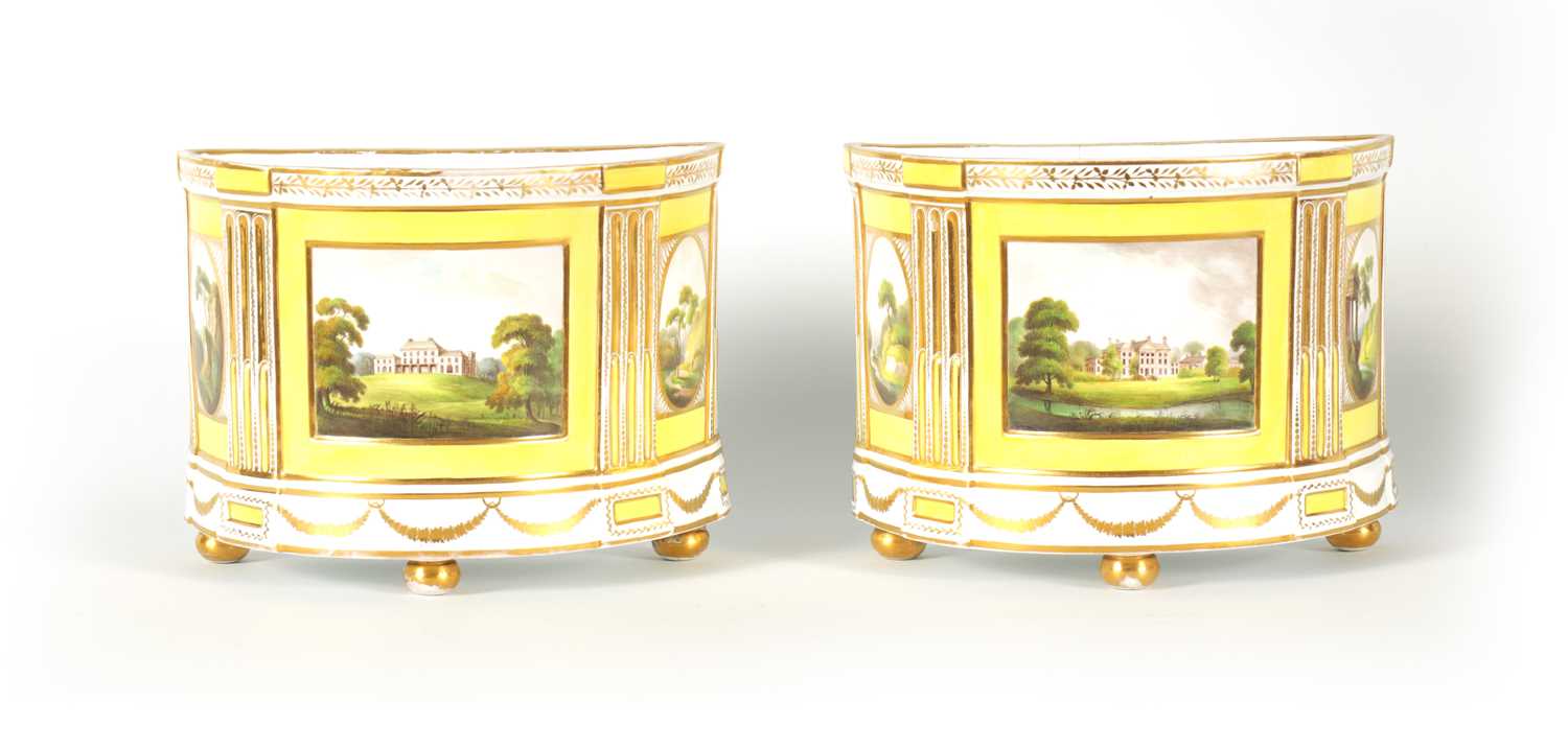 Lot 55 - A LARGE PAIR OF REGENCY COALPORT BOW-FRONTED CACHE POTS