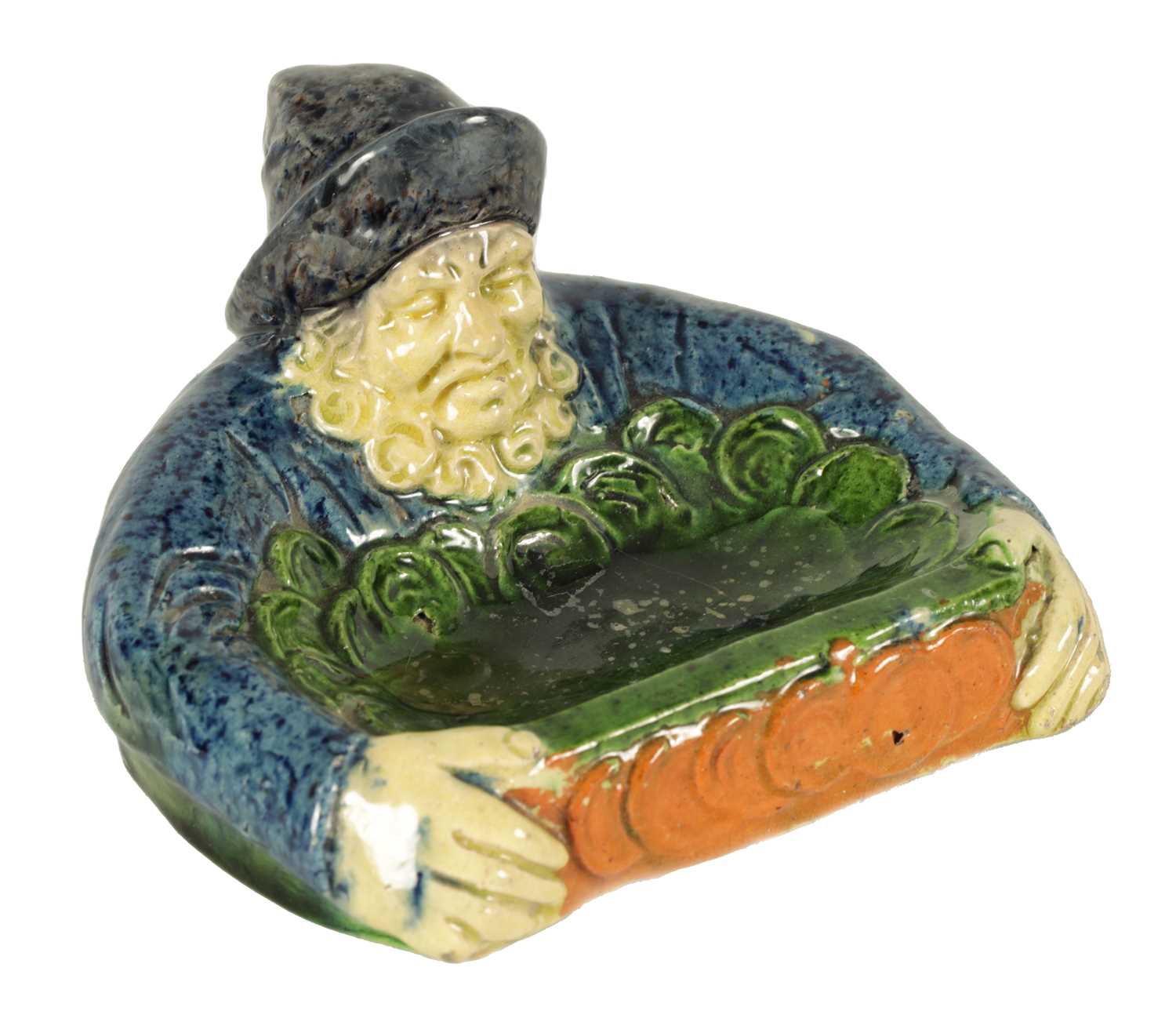 Lot 42 - A 19TH CENTURY FRENCH MAJOLICA POLYCHROME PIN TRAY MODELLED AS A FISHERMAN