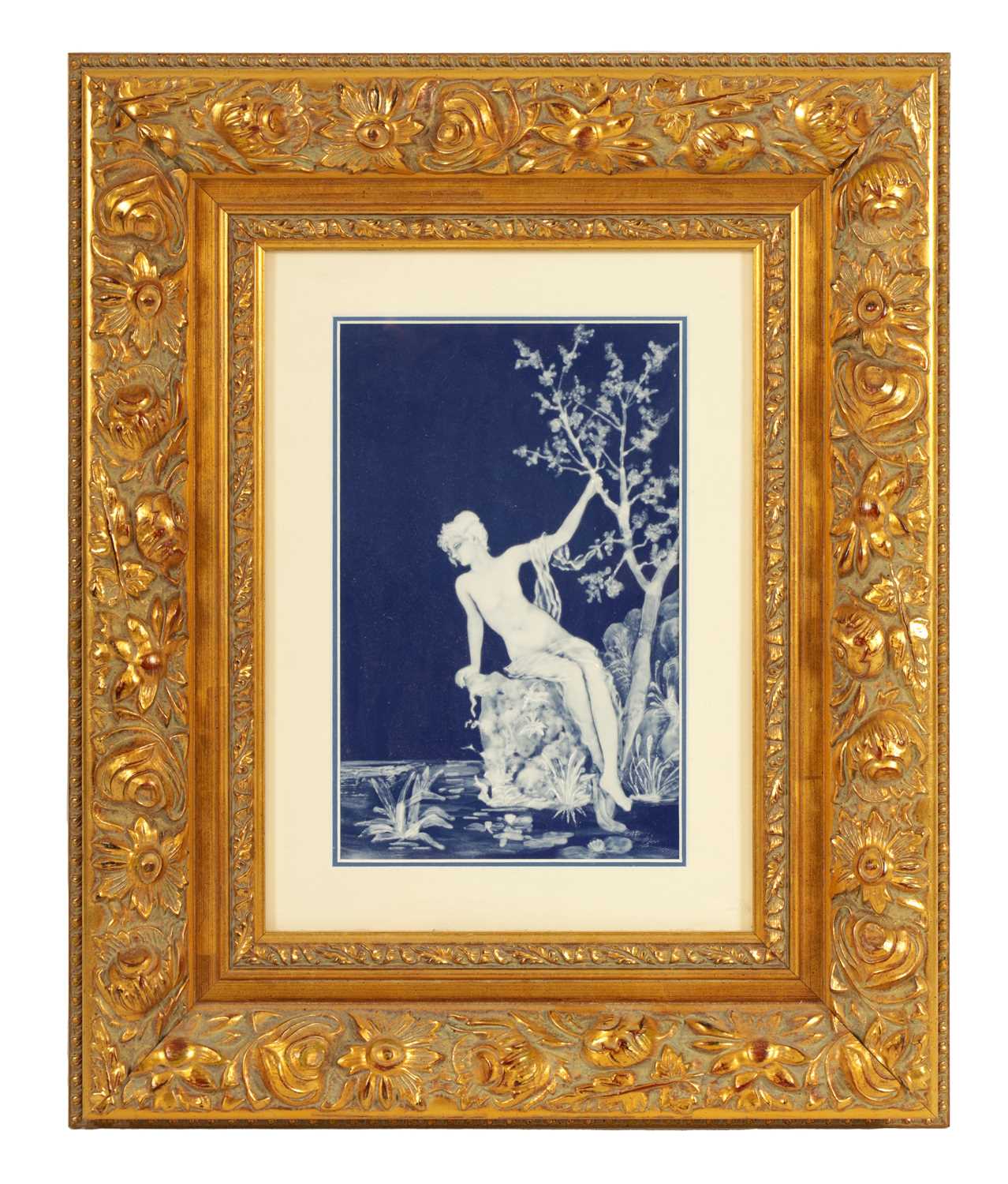 Lot 92 - MARCEL CHAUFRIASSE LIMOGES, AN EARLY 20TH CENTURY BLUE AND WHITE PATE-SUR-PATE FRAMED PORCELAIN PLAQUE