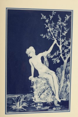 Lot 92 - MARCEL CHAUFRIASSE LIMOGES, AN EARLY 20TH CENTURY BLUE AND WHITE PATE-SUR-PATE FRAMED PORCELAIN PLAQUE