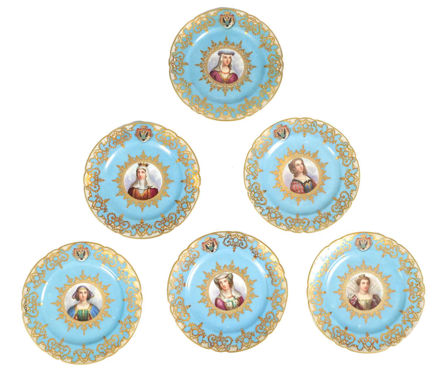 Lot 95 - A SET OF SIX SEVRES STYLE PORCELAIN CABINET PLATES