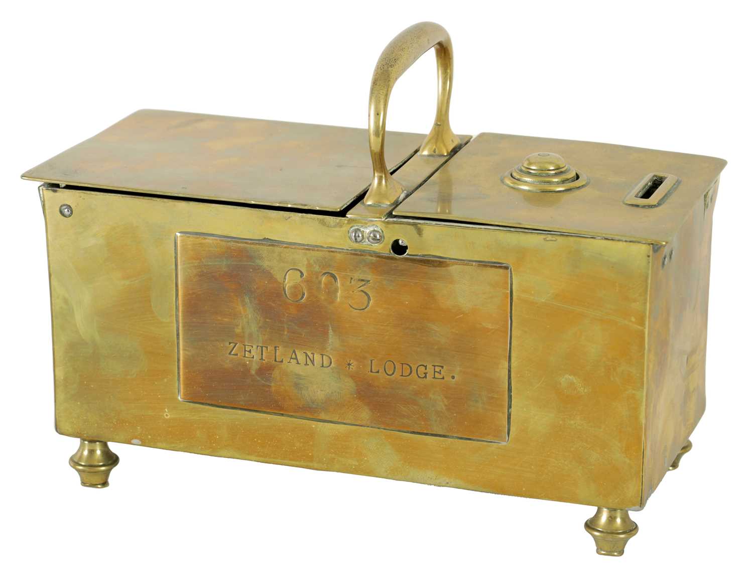 Lot 902 - A 19TH-CENTURY BRASS HONESTY TOBACCO BOX FOR 603 ZETLAND LODGE