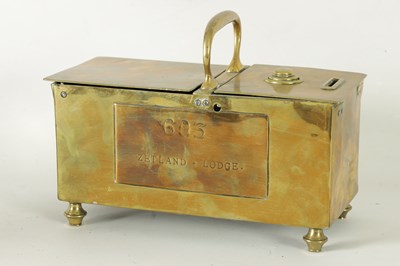 Lot 902 - A 19TH-CENTURY BRASS HONESTY TOBACCO BOX FOR 603 ZETLAND LODGE