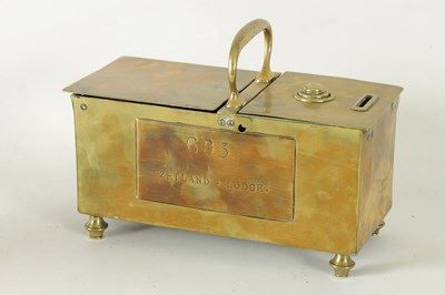 Lot 902 - A 19TH-CENTURY BRASS HONESTY TOBACCO BOX FOR 603 ZETLAND LODGE