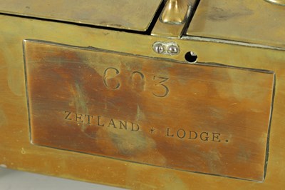 Lot 902 - A 19TH-CENTURY BRASS HONESTY TOBACCO BOX FOR 603 ZETLAND LODGE