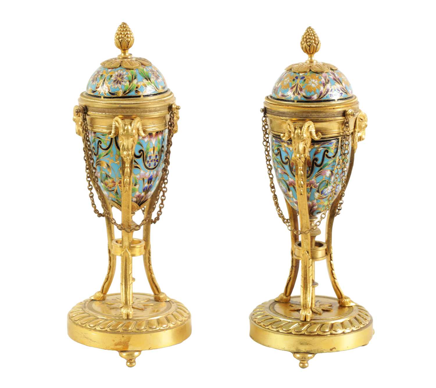 Lot 608 - A PAIR OF LATE 19TH CENTURY FRENCH ORMOLU AND CHAMPLEVE ENAMEL  CASSOLETTES