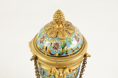 Lot 608 - A PAIR OF LATE 19TH CENTURY FRENCH ORMOLU AND CHAMPLEVE ENAMEL  CASSOLETTES