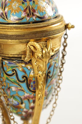 Lot 608 - A PAIR OF LATE 19TH CENTURY FRENCH ORMOLU AND CHAMPLEVE ENAMEL  CASSOLETTES