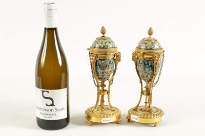 Lot 608 - A PAIR OF LATE 19TH CENTURY FRENCH ORMOLU AND CHAMPLEVE ENAMEL  CASSOLETTES