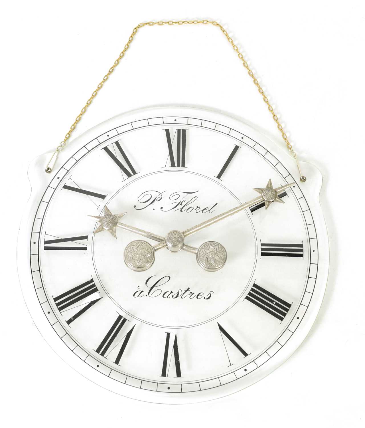 Lot 778 - AN UNUSUAL EARLY 20TH CENTURY FRENCH GLASS DIAL MYSTERY WALL CLOCK