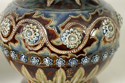 Lot 82 - A GOOD PAIR OF DOULTON LAMBETH FOOTED BULBOUS FLARED NECK VASES BEARING MONOGRAM FOR GEORGE TINWORTH