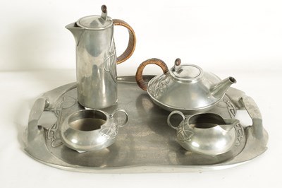 Lot 569 - AN EARLY 20TH CENTURY ARCHIBALD KNOX FOR LIBERTY AND CO. TUDRIC PEWTER TEA SET