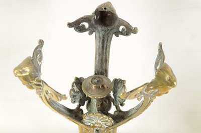 Lot 595 - AN ORNATE 19TH-CENTURY CAST BRASS AND HOBNAIL CUT GLASS OIL LAMP