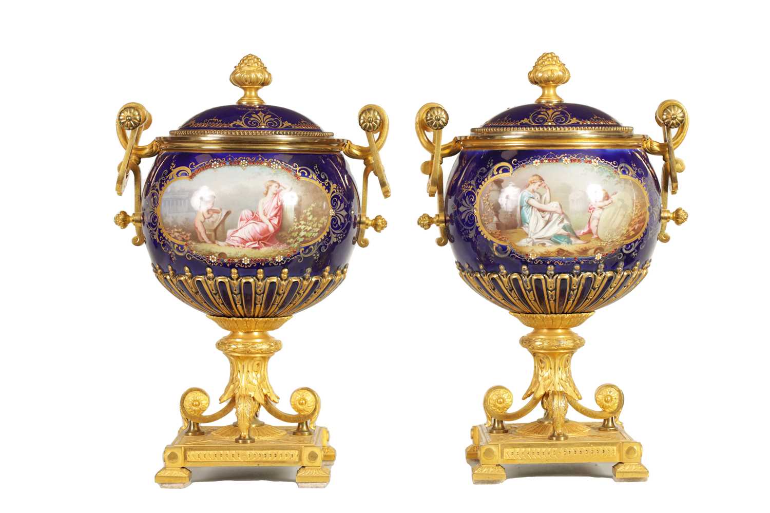 Lot 61 - A FINE PAIR OF 19TH CENTURY ORMOLU AND SEVRES PORCELAIN TWO HANDLED VASE AND COVERS