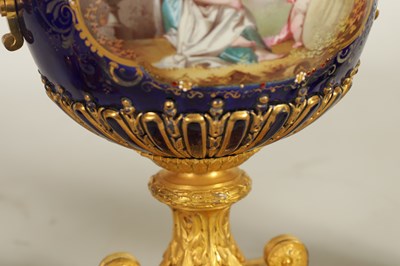 Lot 61 - A FINE PAIR OF 19TH CENTURY ORMOLU AND SEVRES PORCELAIN TWO HANDLED VASE AND COVERS