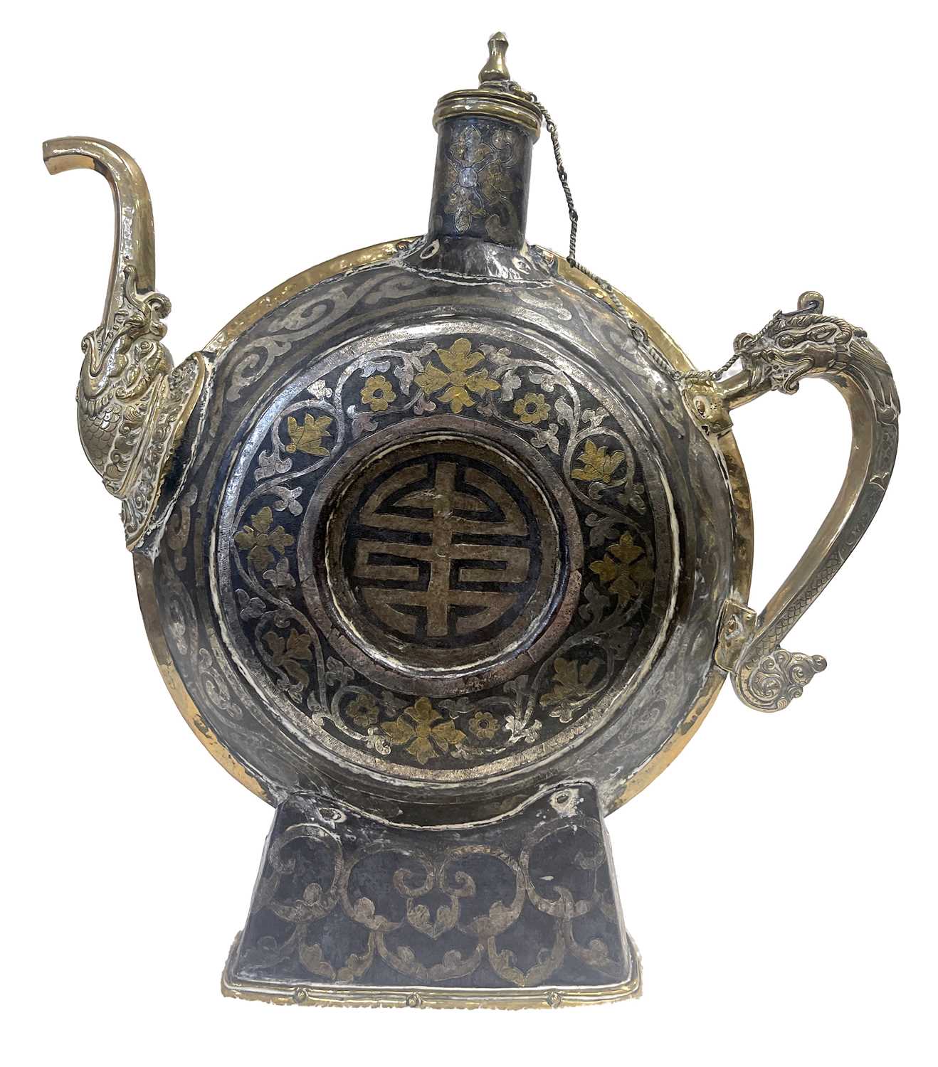 Lot 99 - A RARE 17TH/18TH CENTURY TIBETAN IRON AND MIXED METAL INLAID CHAANG FLASK