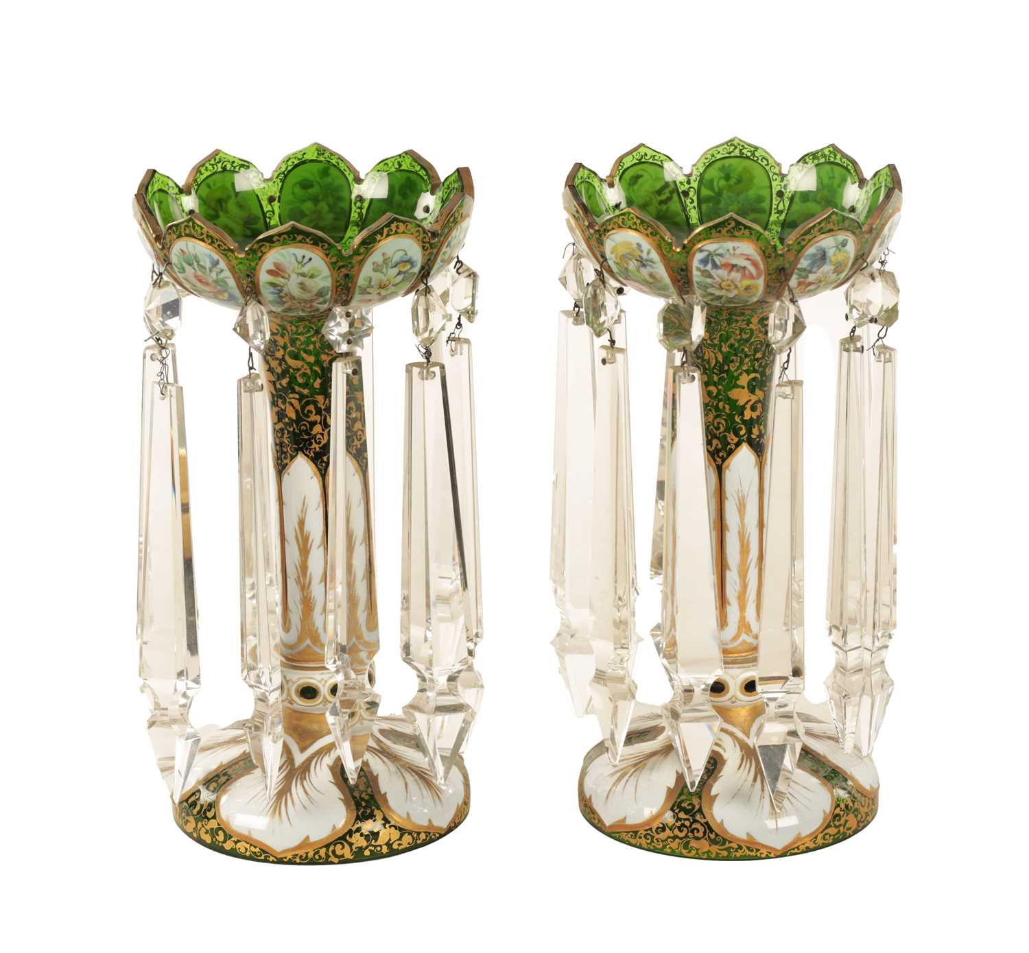 Lot 12 - A GOOD PAIR OF 19TH-CENTURY BOHEMIAN WHITE OVERLAY AND GILT-DECORATED GREEN GLASS LUSTRES