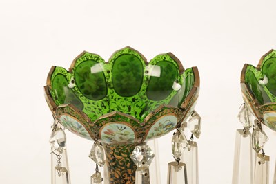 Lot 12 - A GOOD PAIR OF 19TH-CENTURY BOHEMIAN WHITE OVERLAY AND GILT-DECORATED GREEN GLASS LUSTRES