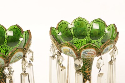 Lot 12 - A GOOD PAIR OF 19TH-CENTURY BOHEMIAN WHITE OVERLAY AND GILT-DECORATED GREEN GLASS LUSTRES