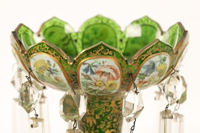 Lot 12 - A GOOD PAIR OF 19TH-CENTURY BOHEMIAN WHITE OVERLAY AND GILT-DECORATED GREEN GLASS LUSTRES