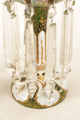 Lot 12 - A GOOD PAIR OF 19TH-CENTURY BOHEMIAN WHITE OVERLAY AND GILT-DECORATED GREEN GLASS LUSTRES