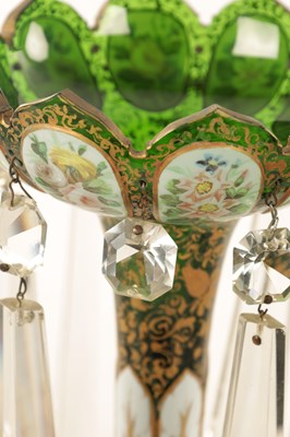 Lot 12 - A GOOD PAIR OF 19TH-CENTURY BOHEMIAN WHITE OVERLAY AND GILT-DECORATED GREEN GLASS LUSTRES