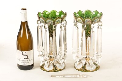 Lot 12 - A GOOD PAIR OF 19TH-CENTURY BOHEMIAN WHITE OVERLAY AND GILT-DECORATED GREEN GLASS LUSTRES
