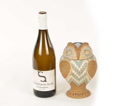 Lot 95 - A DOULTON LAMBETH SILICAN WARE OWL TOBACCO JAR AND COVER CIRCA 1880
