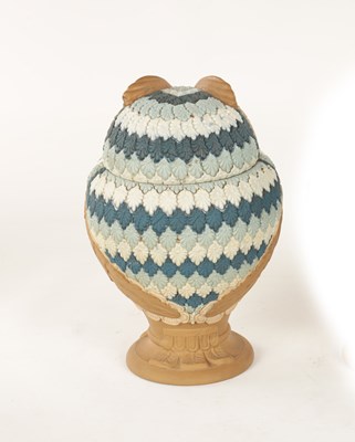 Lot 95 - A DOULTON LAMBETH SILICAN WARE OWL TOBACCO JAR AND COVER CIRCA 1880