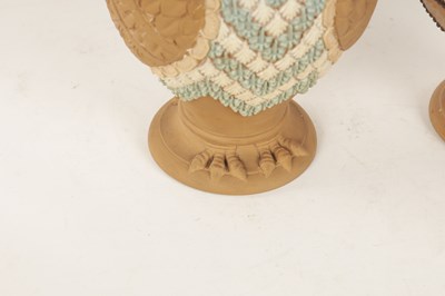 Lot 95 - A DOULTON LAMBETH SILICAN WARE OWL TOBACCO JAR AND COVER CIRCA 1880