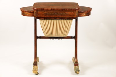 Lot 1191 - A FINE REGENCY BRASS INLAID FIGURED ROSEWOOD WORK TABLE IN THE MANNER OF GILLOWS