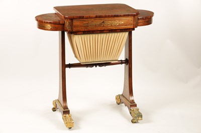 Lot 1191 - A FINE REGENCY BRASS INLAID FIGURED ROSEWOOD WORK TABLE IN THE MANNER OF GILLOWS