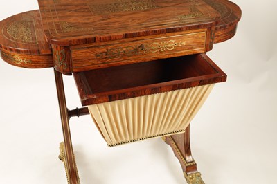 Lot 1191 - A FINE REGENCY BRASS INLAID FIGURED ROSEWOOD WORK TABLE IN THE MANNER OF GILLOWS