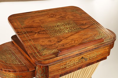 Lot 1191 - A FINE REGENCY BRASS INLAID FIGURED ROSEWOOD WORK TABLE IN THE MANNER OF GILLOWS