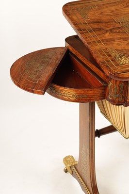 Lot 1191 - A FINE REGENCY BRASS INLAID FIGURED ROSEWOOD WORK TABLE IN THE MANNER OF GILLOWS